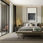 Modern neutral bedroom with bed and balcony