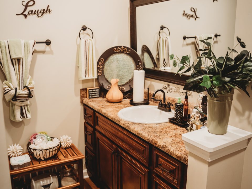 Cozy bathroom vanity with mirror and plants